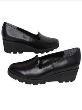 Vionic Black Leather Wedge Loafers